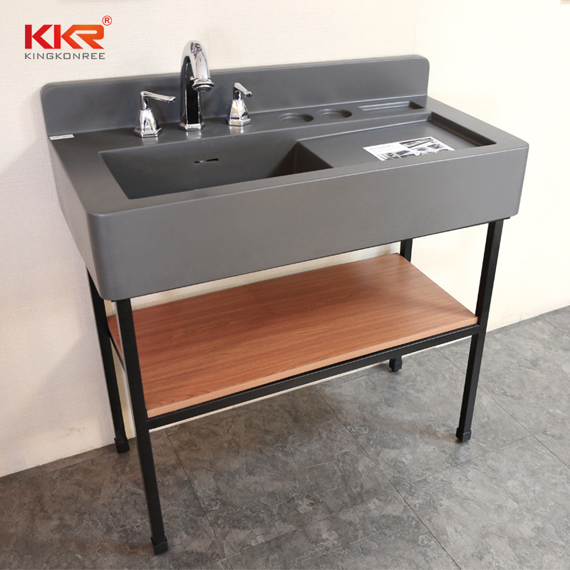 Concrete grey solid surface resin bathroom sink with lighted mirror 