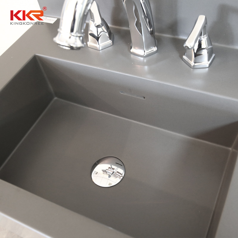 Concrete grey solid surface resin bathroom sink with lighted mirror 